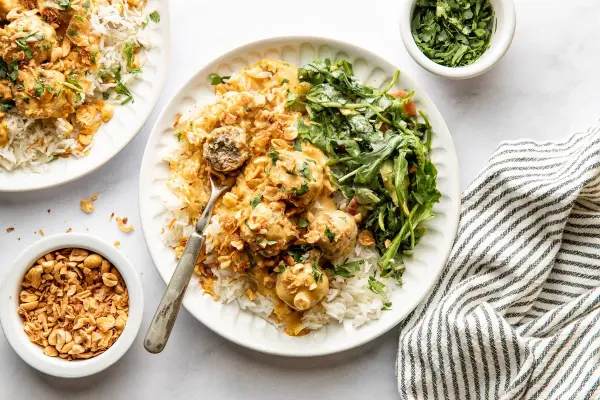 Yellow Curry Meatballs with Peanut Shallot Crispies